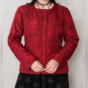 Coldwater Creek Embroidered Quilted Puffer Coat Sz 12 Burgundy Floral Whimsigoth